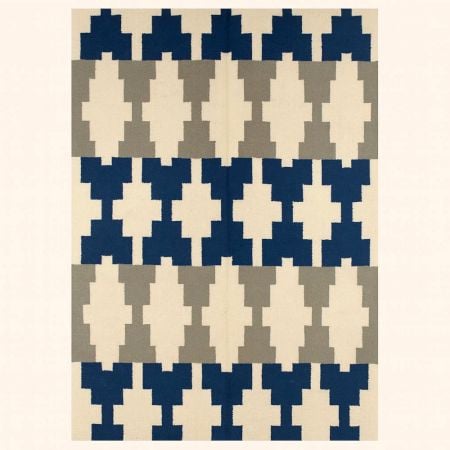 Handmade Blue And Gray Cotton Minimalist Dhurrie For Living